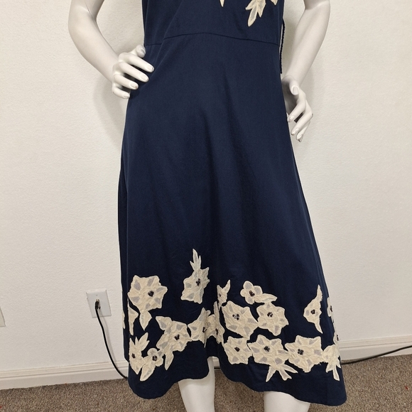 Odille Anthropologie Navy Blue Cream Rice Paper Garden Floral Midi Dress Size 2 - Picture 4 of 13